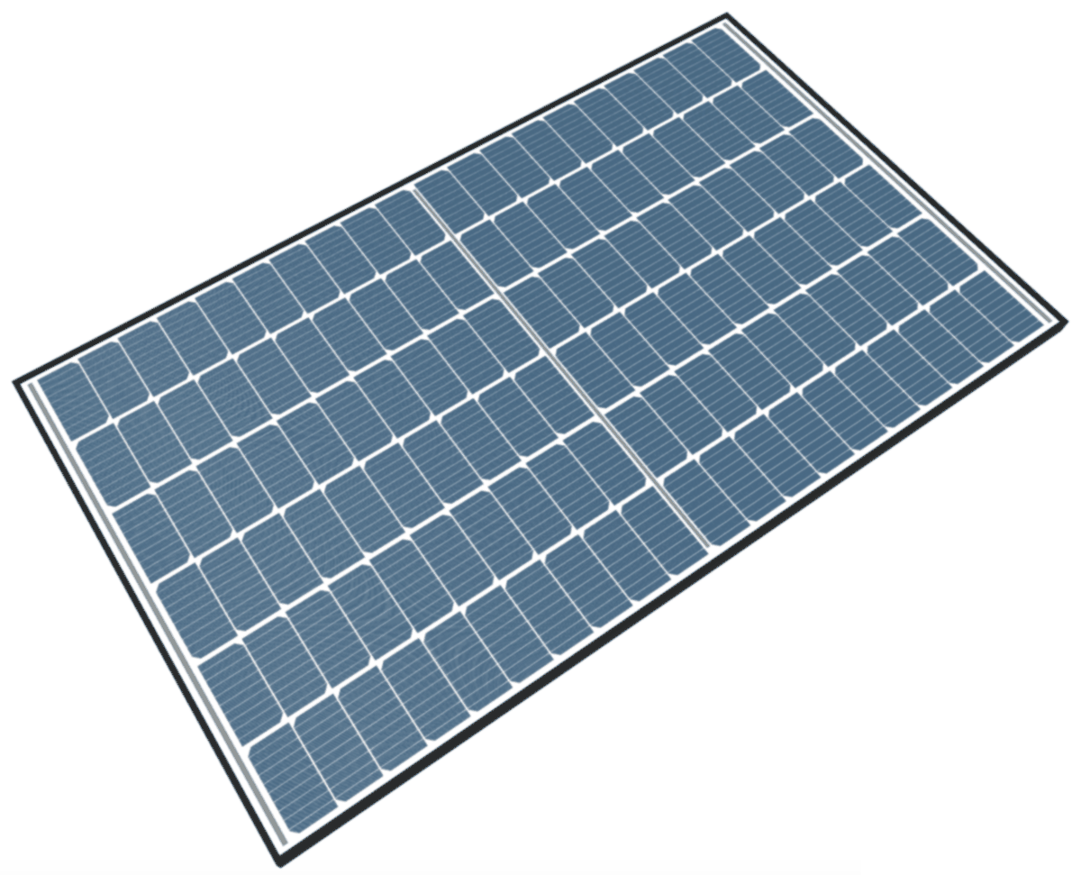 A complete PV module — around 120 half-cut cells producing approximately 450 watts