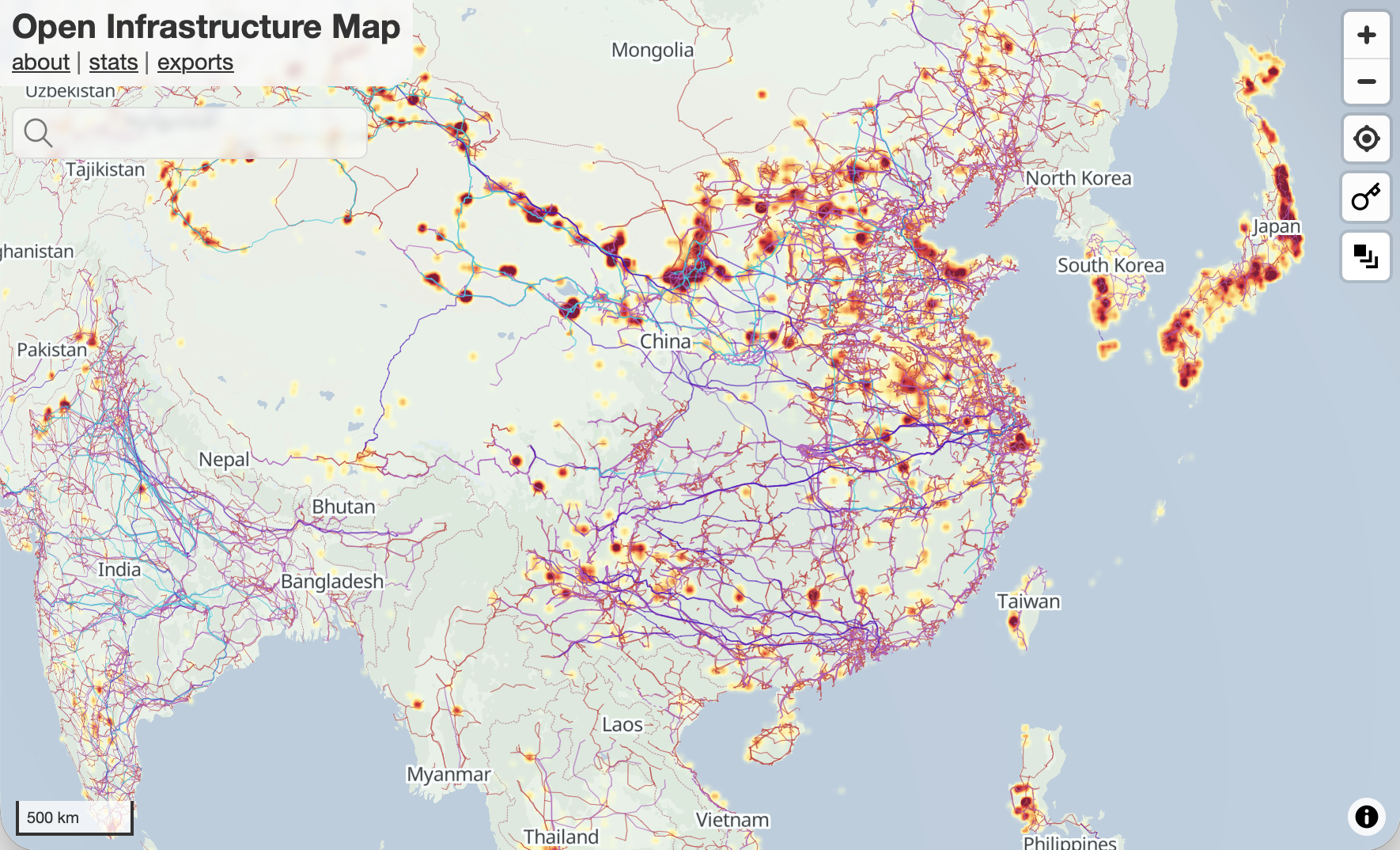 Heatmap of solar generation across Asia, overlaid on high-voltage transmission lines, with the densest solar clusters across eastern China, Japan, Korea and the Indo-Gangetic plain in northern India. Click to open the live map.